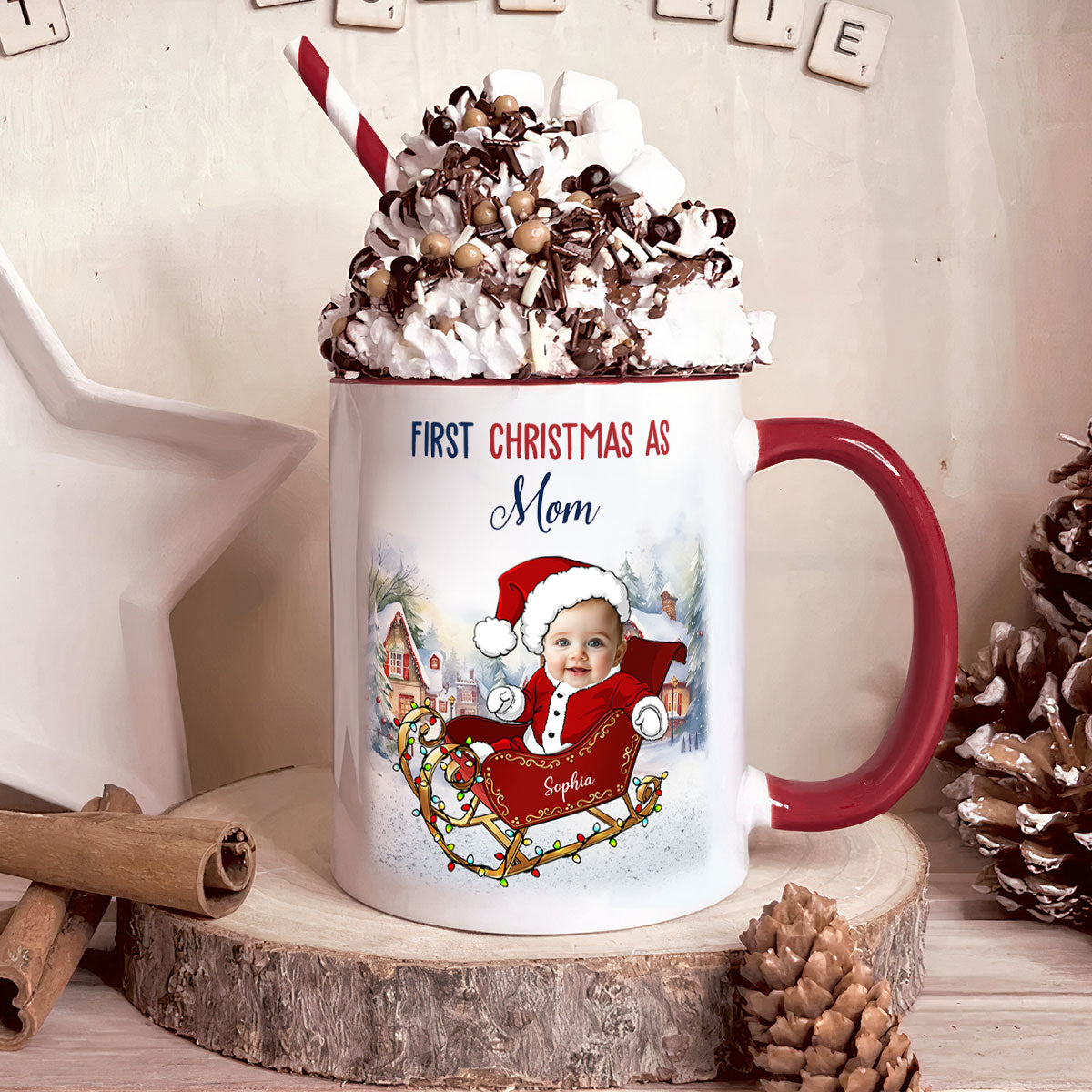 Custom Face On Santa Sleigh With First Christmas As Mom - Personalized Photo Accent Mug