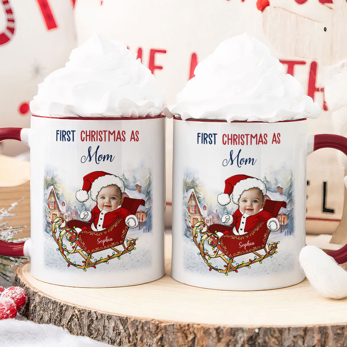 Custom Face On Santa Sleigh With First Christmas As Mom - Personalized Photo Accent Mug