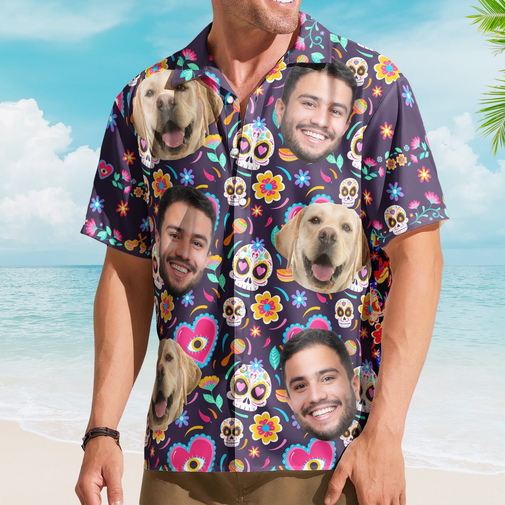 Custom Face Photo Mexican Hawaiian Shirt Skull Pattern - Custom Photo Hawaiian Shirts