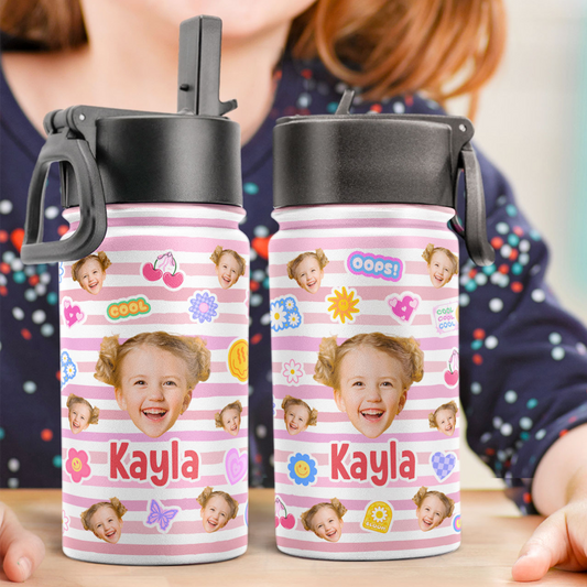 Custom Face With Adorable Pattern - Personalized Photo Kids Water Bottle With Straw Lid