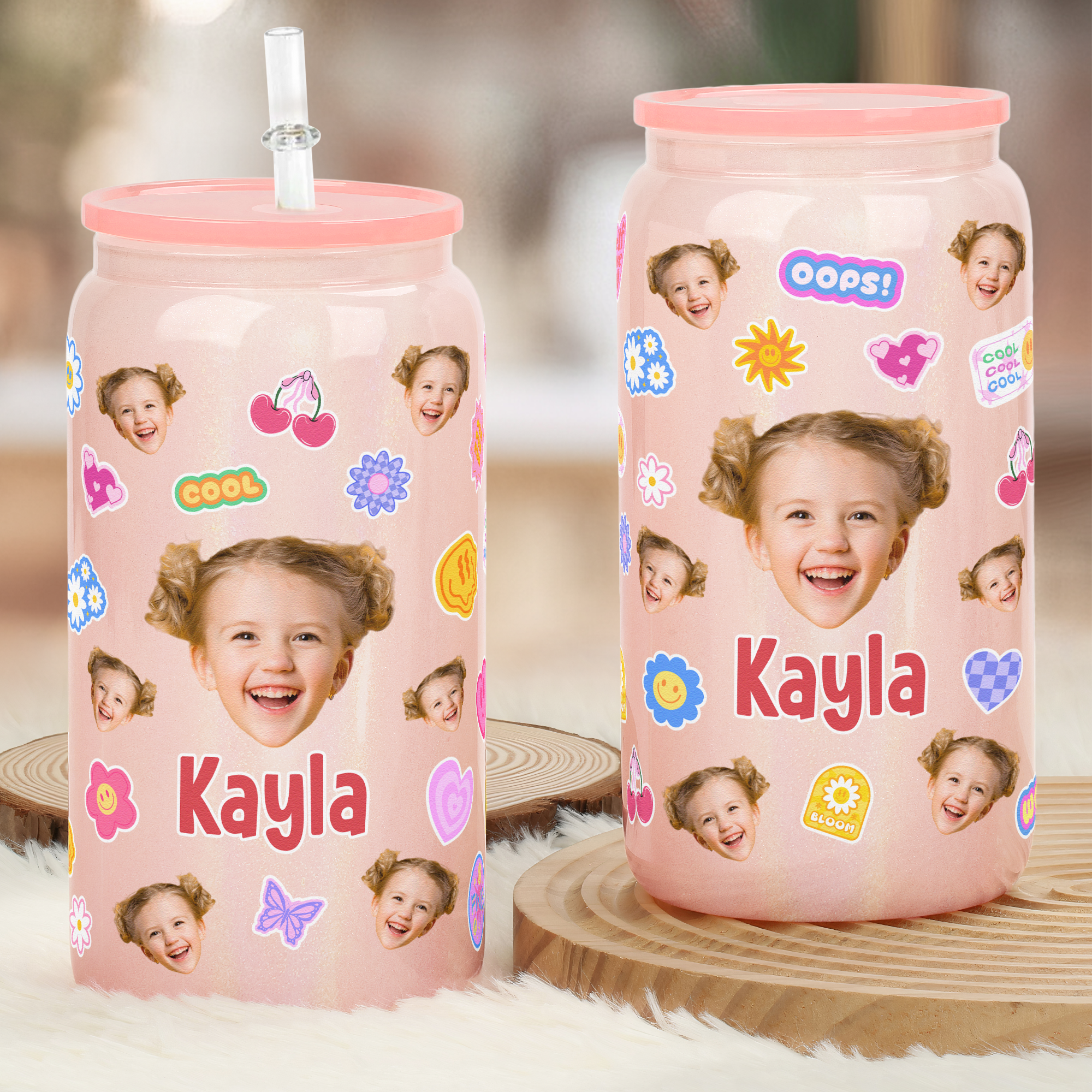 Custom Face With Adorable Pattern - Personalized Photo Shimmer Glass Can