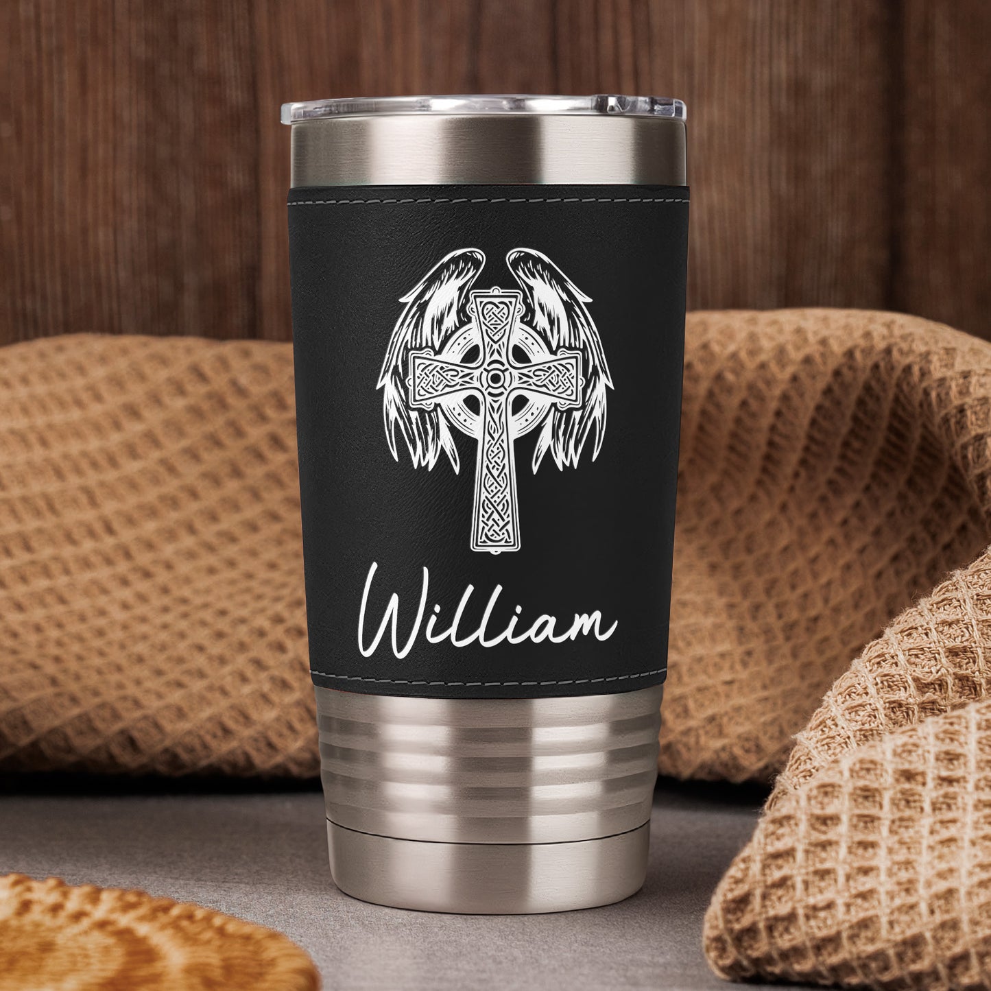 Custom Faith Symbol Design With Name - Personalized 20oz Leather Wrapped Tumbler