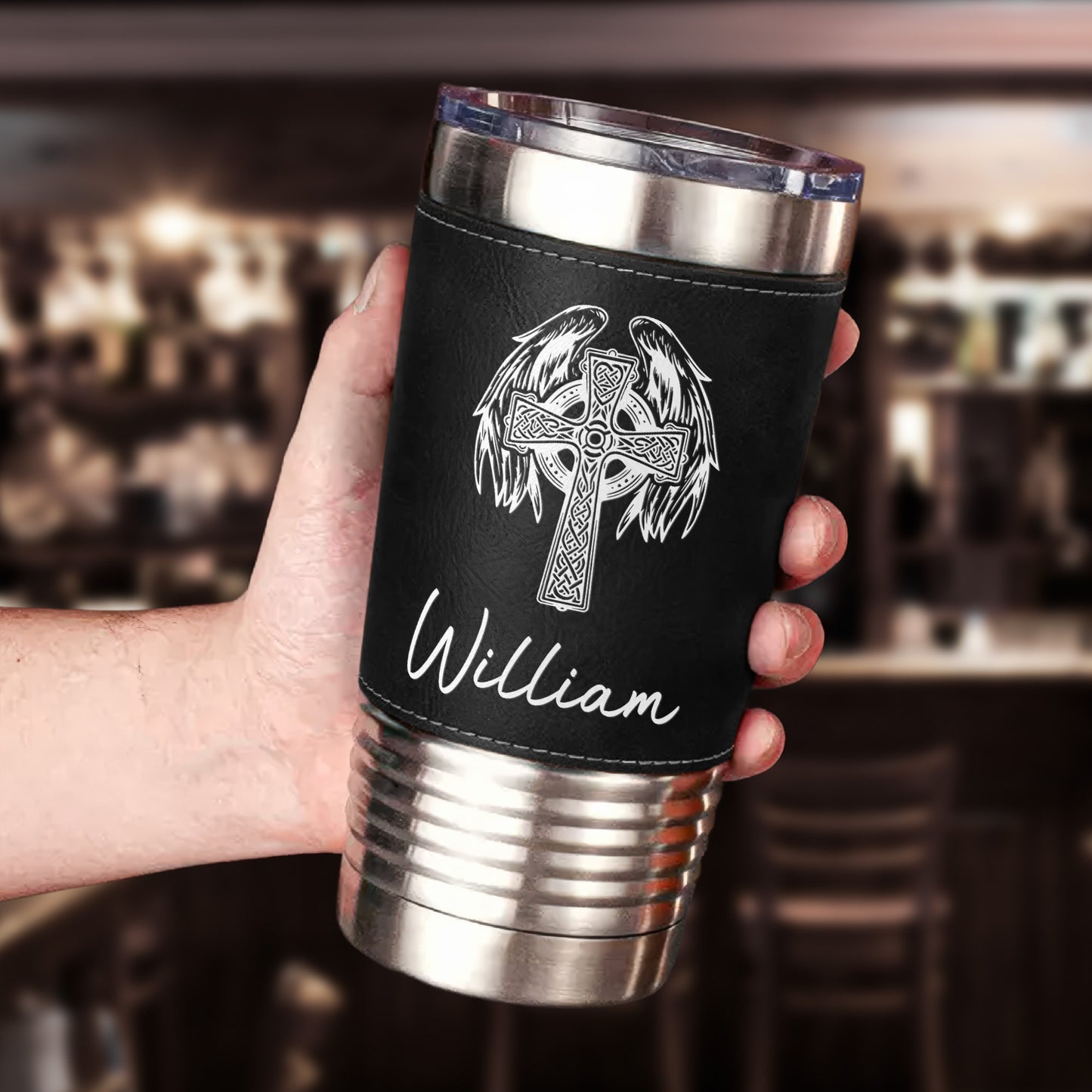 Custom Faith Symbol Design With Name - Personalized 20oz Leather Wrapped Tumbler