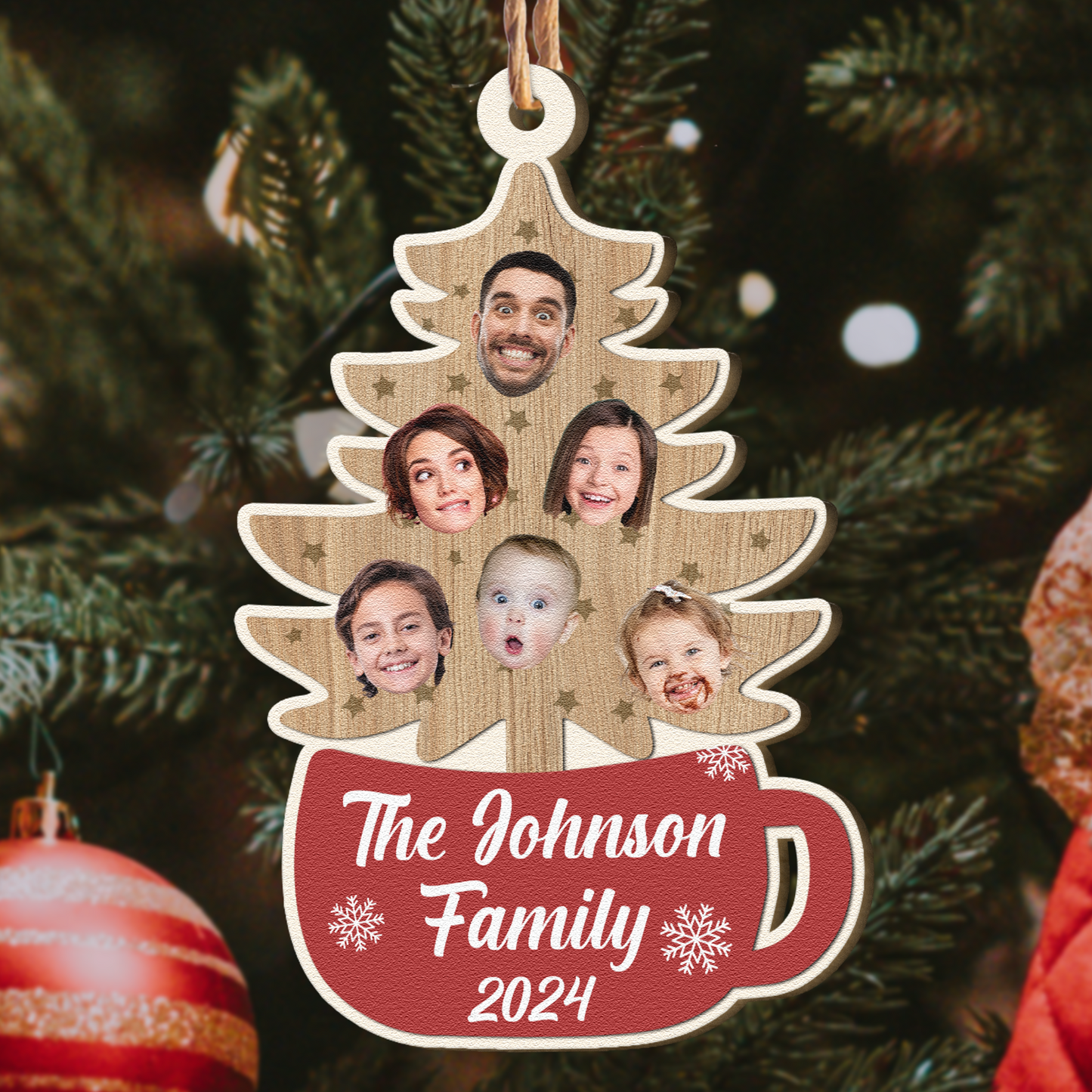 Custom Family Photo With Christmas Tree - Personalized Wooden Photo Ornament