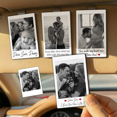 Father's Day Gifts, Custom Family Polaroid Photo & Message For Him, Daddy, Papa - Personalized Wooden Photo Car Visor Clip
