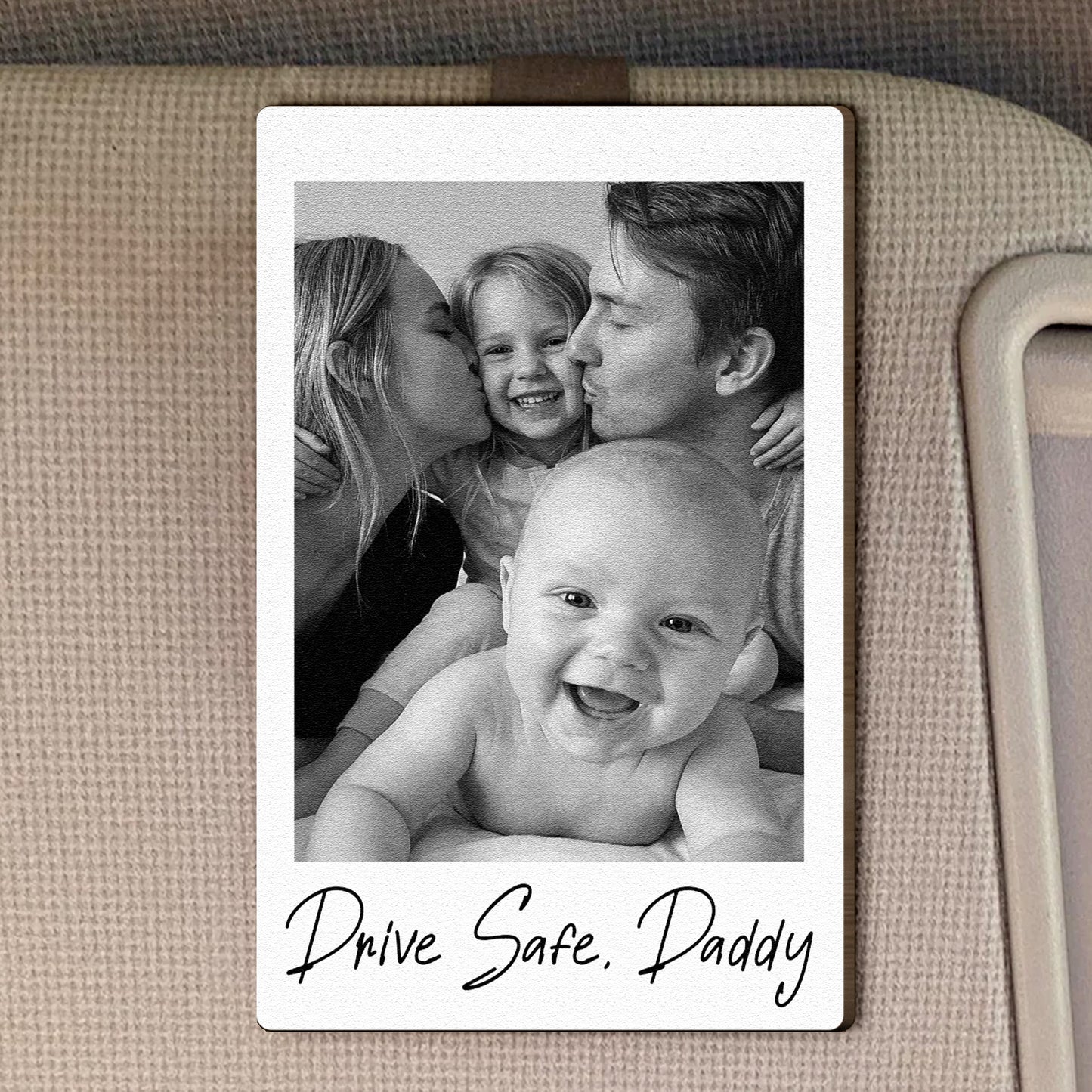 Custom Family Polaroid Photo & Message For Him, Daddy, Papa - Personalized Wooden Photo Car Visor Clip