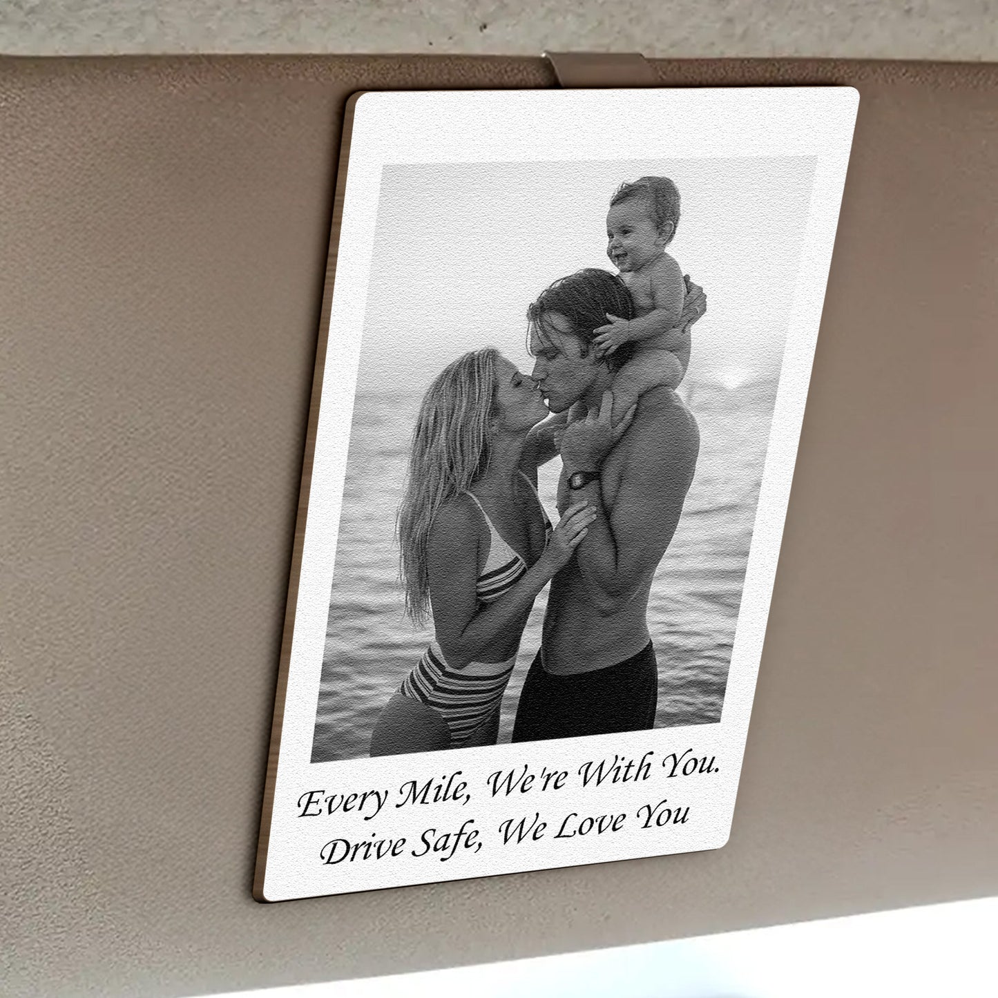 Custom Family Polaroid Photo & Message For Him, Daddy, Papa - Personalized Wooden Photo Car Visor Clip