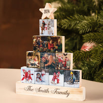 Custom Family, Grandparents Photos - Year In Review Xmas Decorations - Personalized Photo Wood Block Christmas Tree