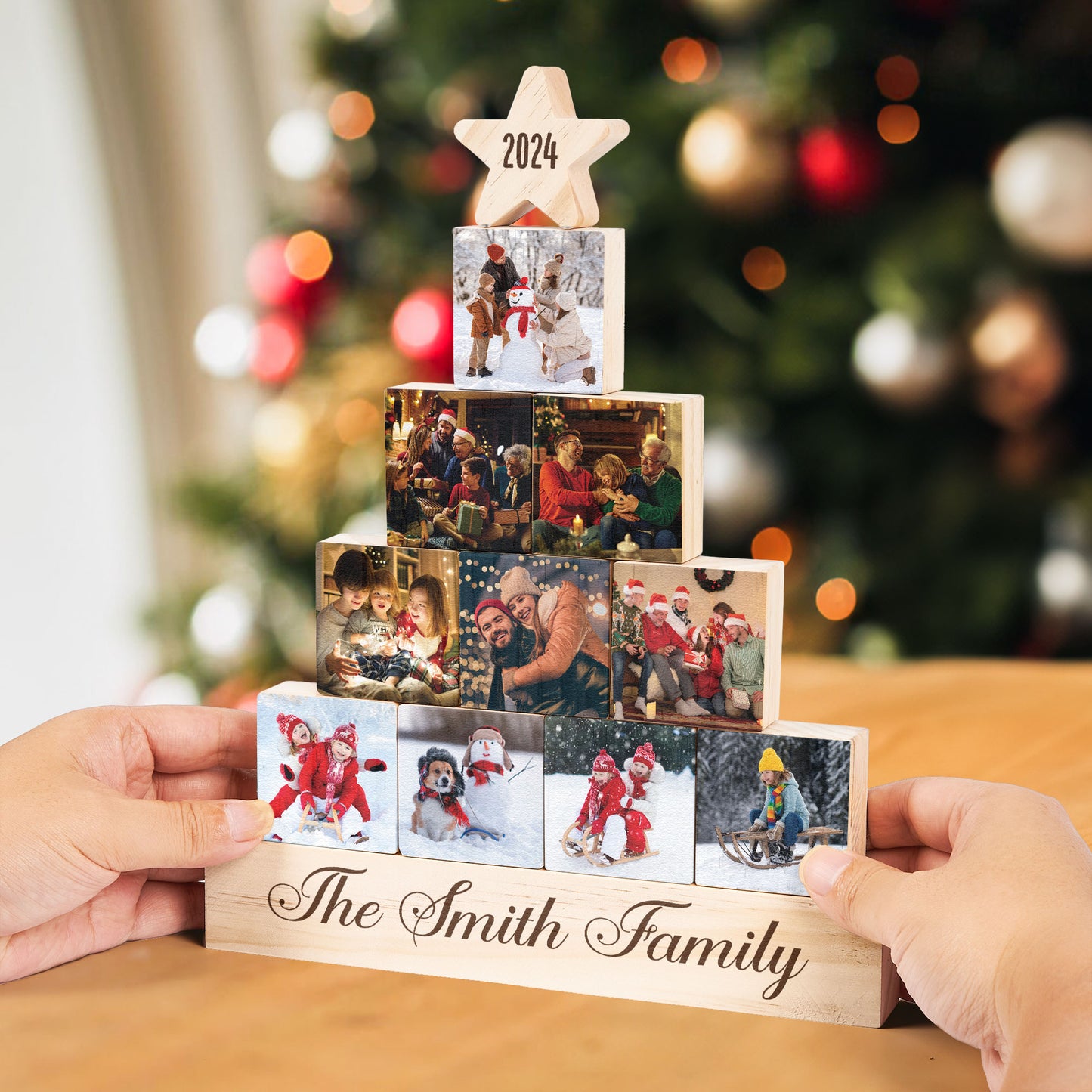 Custom Family, Grandparents Photos - Year In Review Xmas Decorations - Personalized Photo Wood Block Christmas Tree