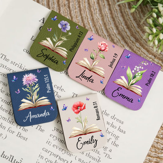 Custom Favorite Bible Verse References With Birth Flower - Personalized Leather Magnetic Bookmark