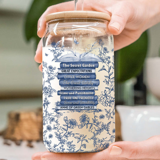 Custom Favorite Books Toile De Jouy - Personalized Clear Glass Cup