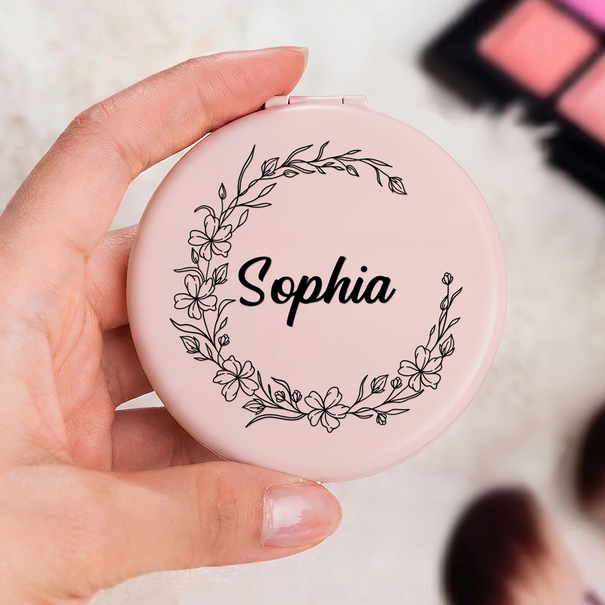 Custom Floral & Name For Her, Wife, Daughter, Sister - Personalized Compact Mirror