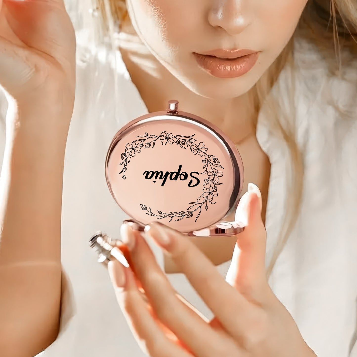 Custom Floral & Name For Her, Wife, Daughter, Sister - Personalized Compact Mirror