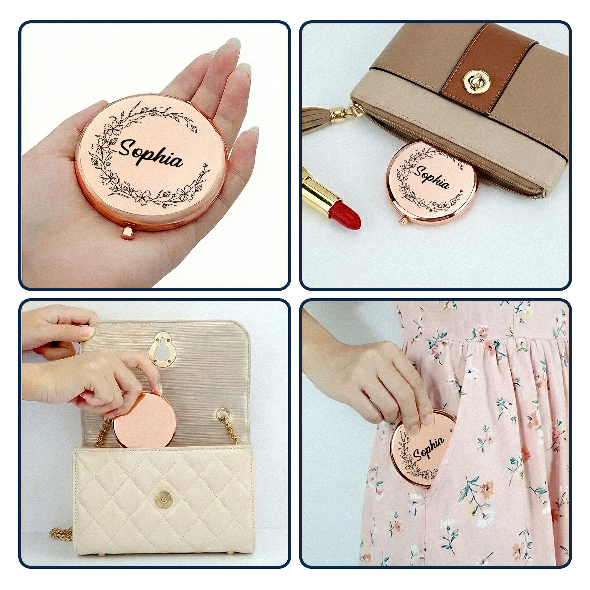 Custom Floral & Name For Her, Wife, Daughter, Sister - Personalized Compact Mirror