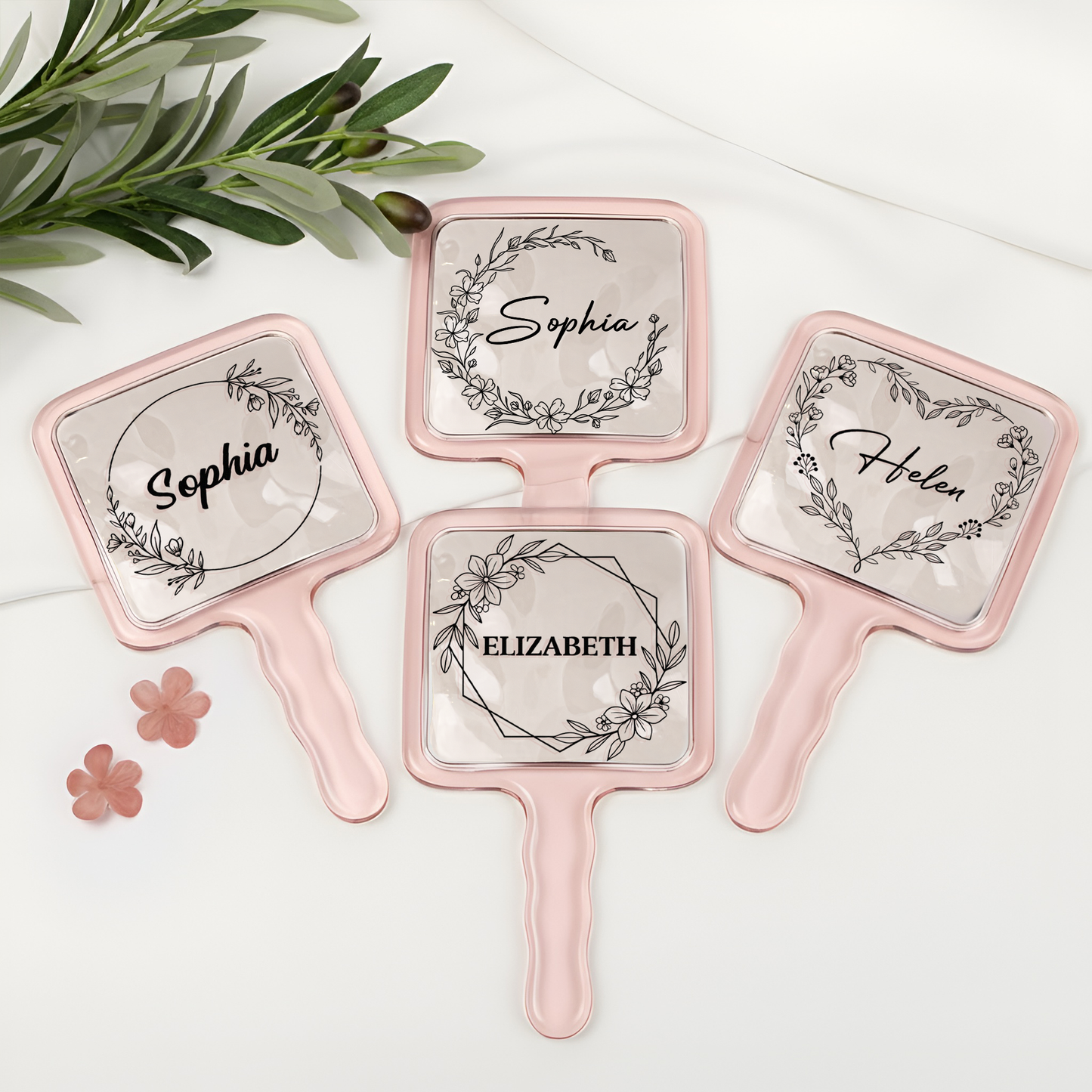 Custom Floral & Name For Her, Wife, Daughter, Sister - Personalized Handheld Mirror