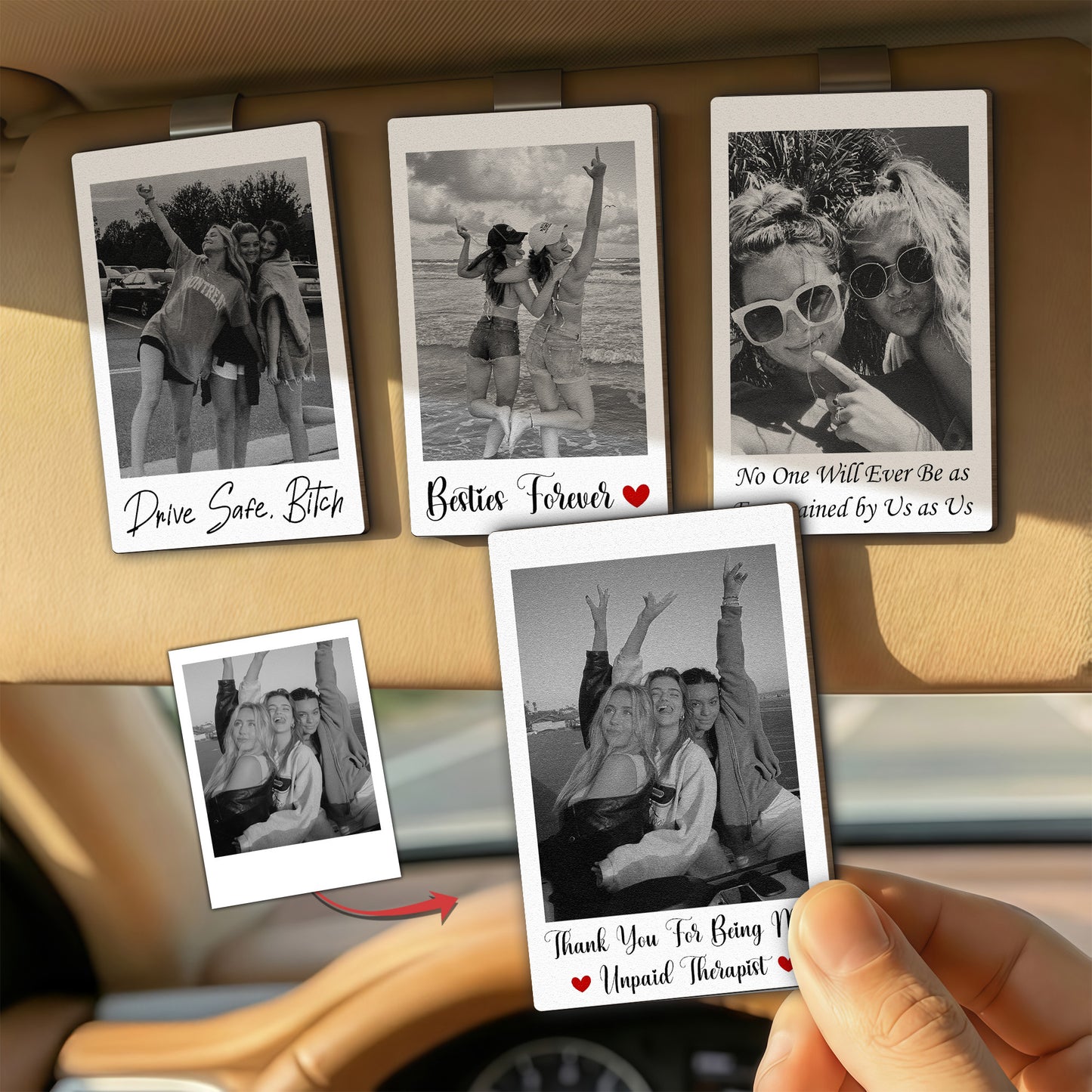 Custom Friendship Polaroid Photo & Message For Besties, Friends - Personalized Wooden Photo Car Visor Clip