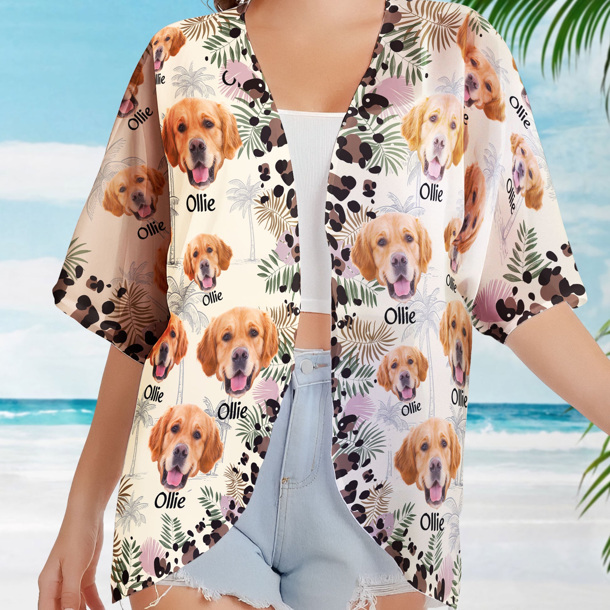Custom Funny Dog Face With Leopard Pattern - Personalized Photo Kimono Cover Up