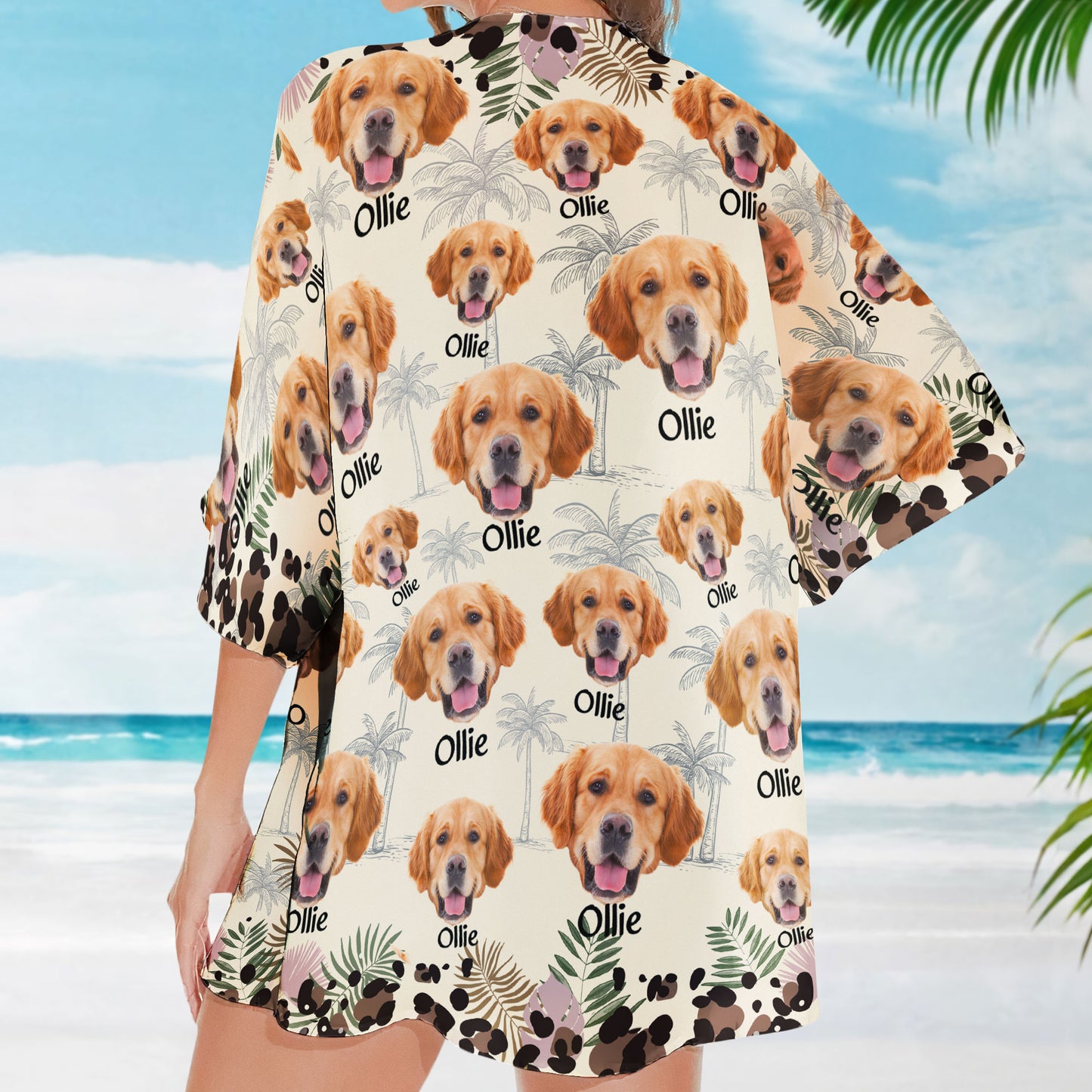 Custom Funny Dog Face With Leopard Pattern - Personalized Photo Kimono Cover Up