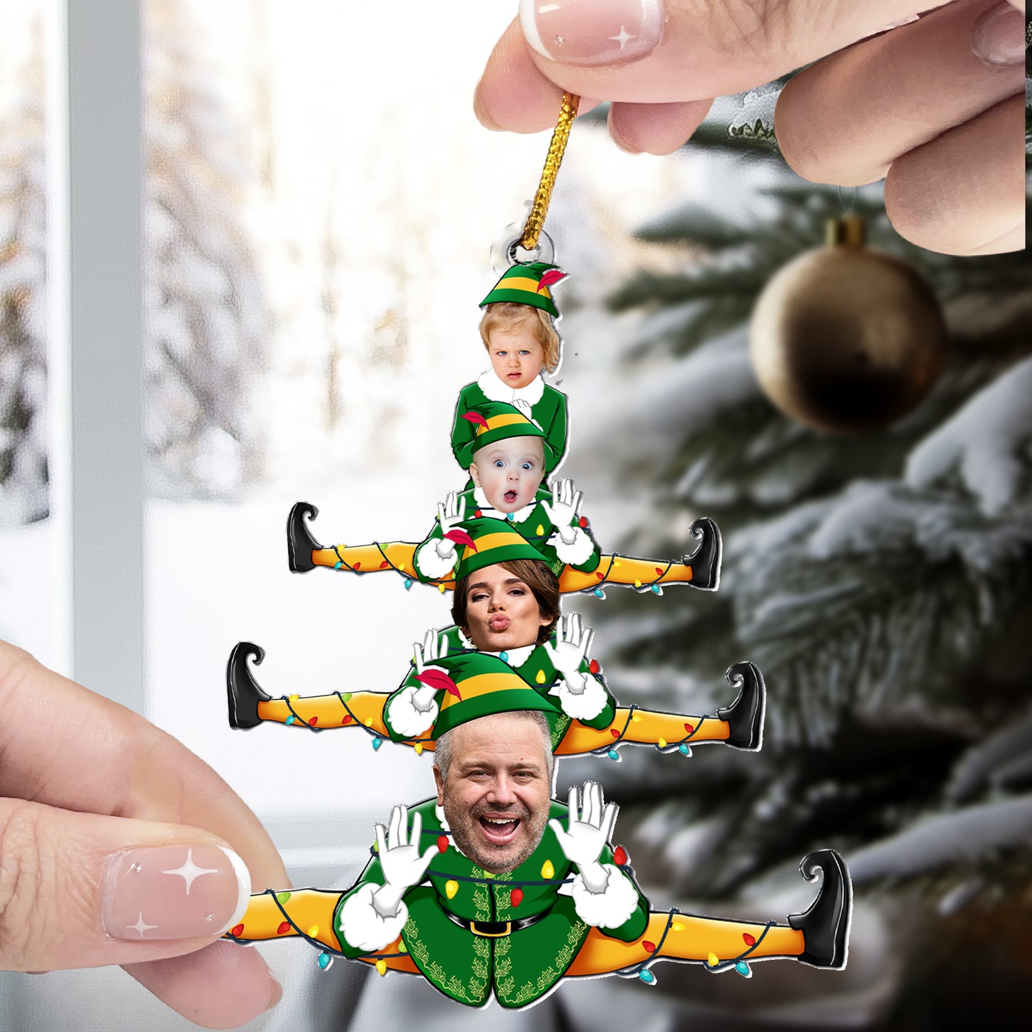 Custom Funny Elf Family Christmas Tree - Personalized Acrylic Photo Ornament