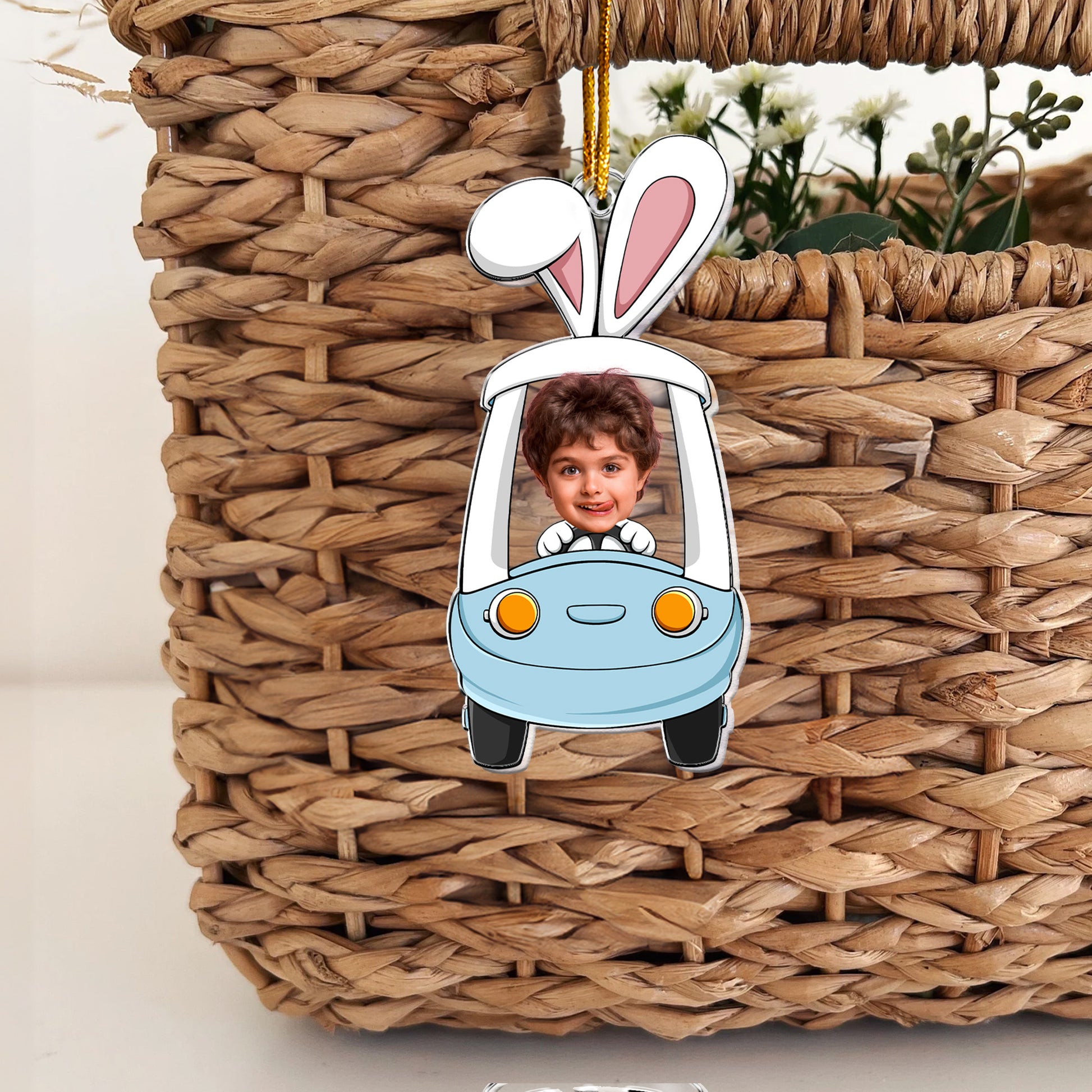 Custom Funny Face Bunny Easter Driving Car - Personalized Photo Easter Ornament