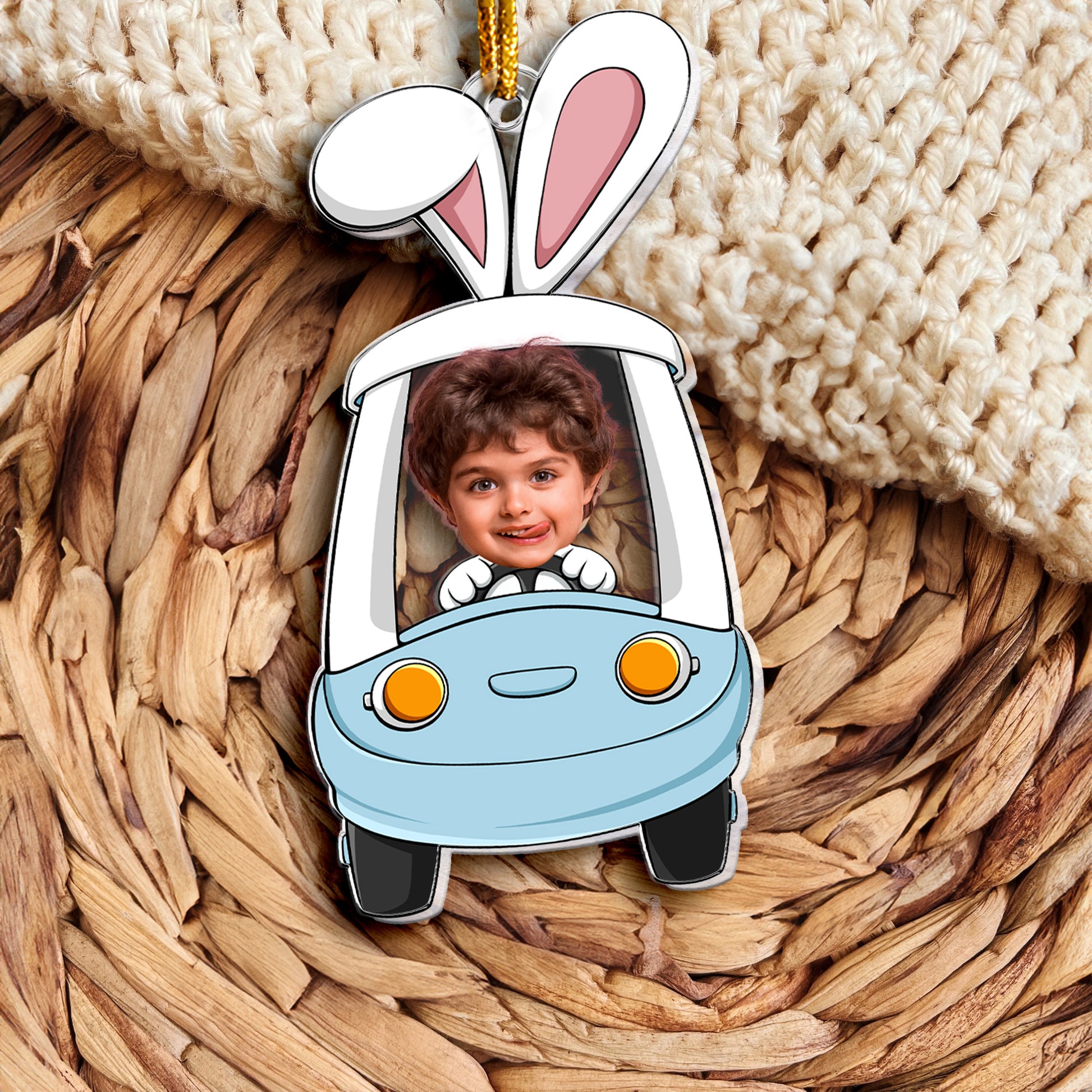 Custom Funny Face Bunny Easter Driving Car - Personalized Photo Easter Ornament