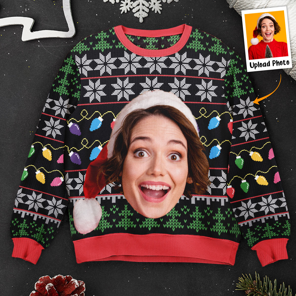 Custom Funny Face Light Up Christmas - Personalized Photo Ugly Sweater