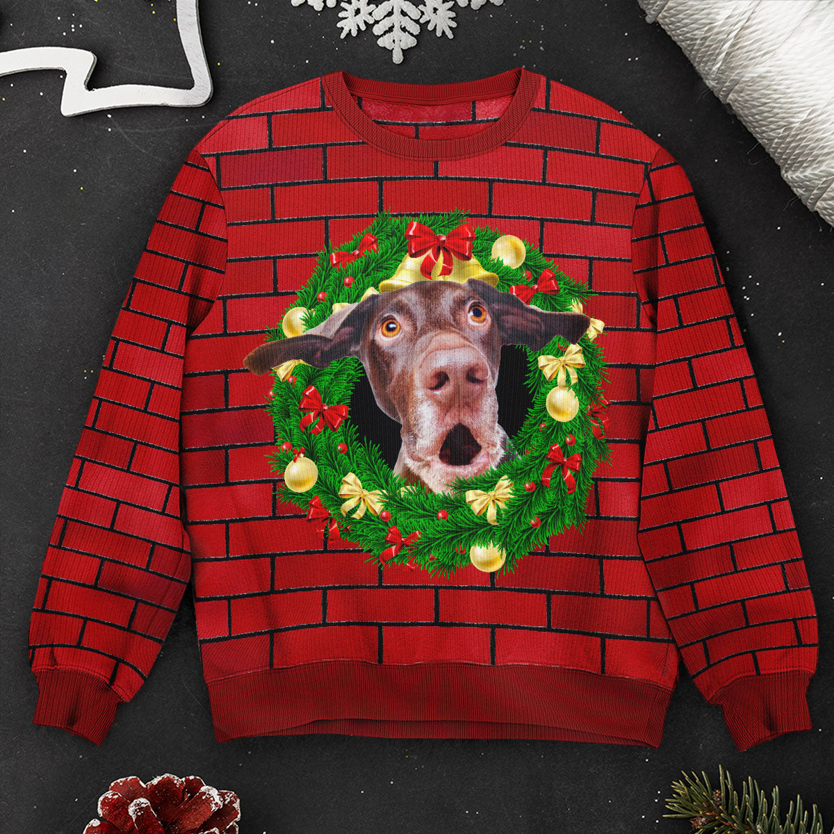 Custom Funny Face Peek Out Christmas Wreath On The Fireplace - Personalized Photo Ugly Sweater