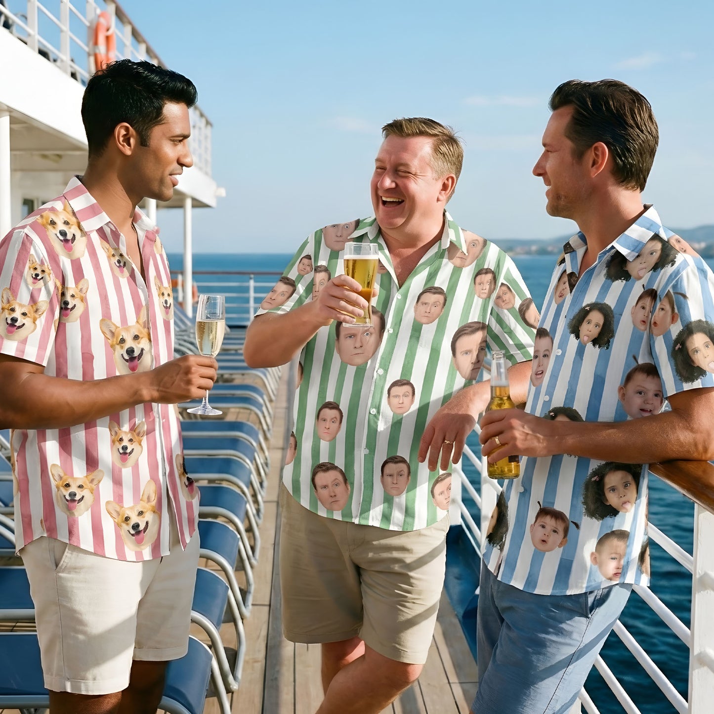 Custom Funny Face Retro Striped Pattern Trendy Summer For Family Matching - Personalized Photo Hawaiian Shirt