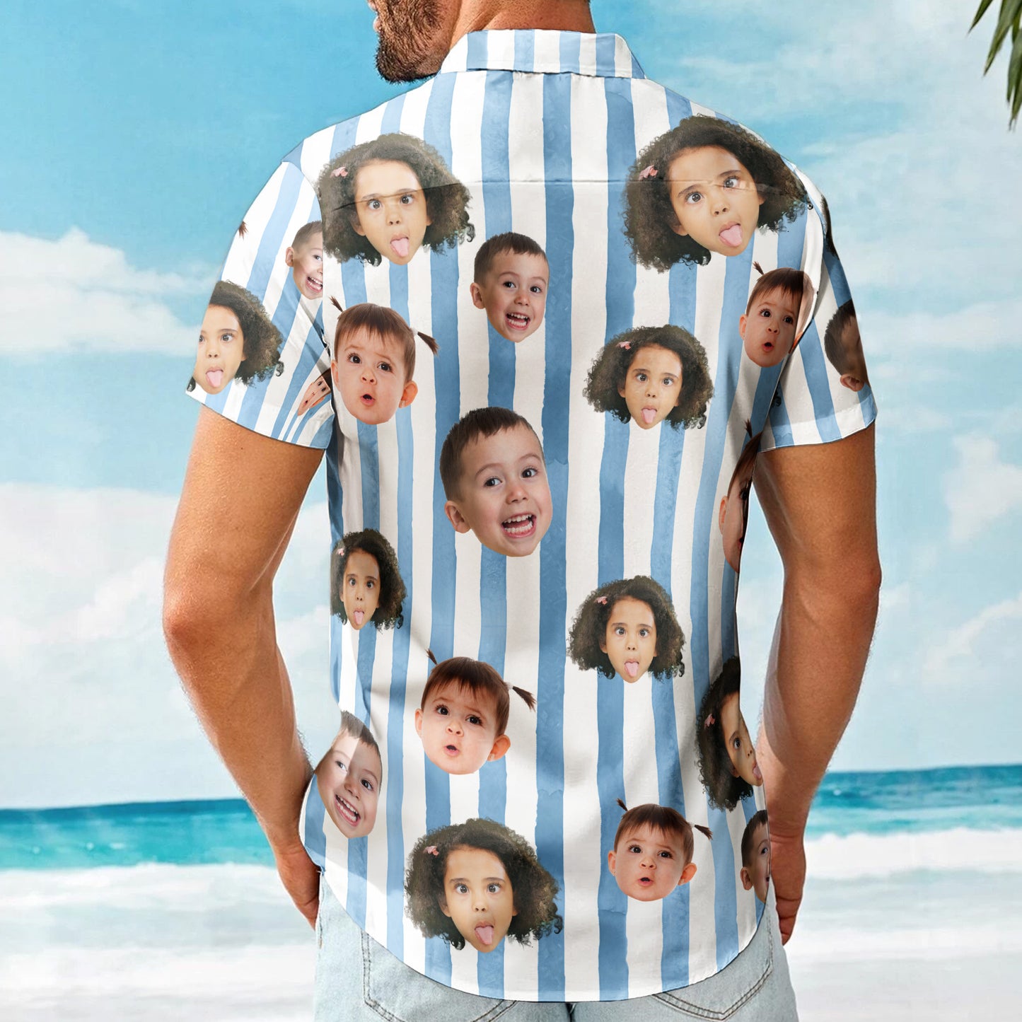 Custom Funny Face Retro Striped Pattern Trendy Summer For Family Matching - Personalized Photo Hawaiian Shirt