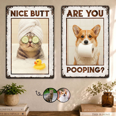 Custom Funny Pet Photo Bathroom Pet Gift For Dog Lovers, Cat Lovers - Personalized Metal Sign