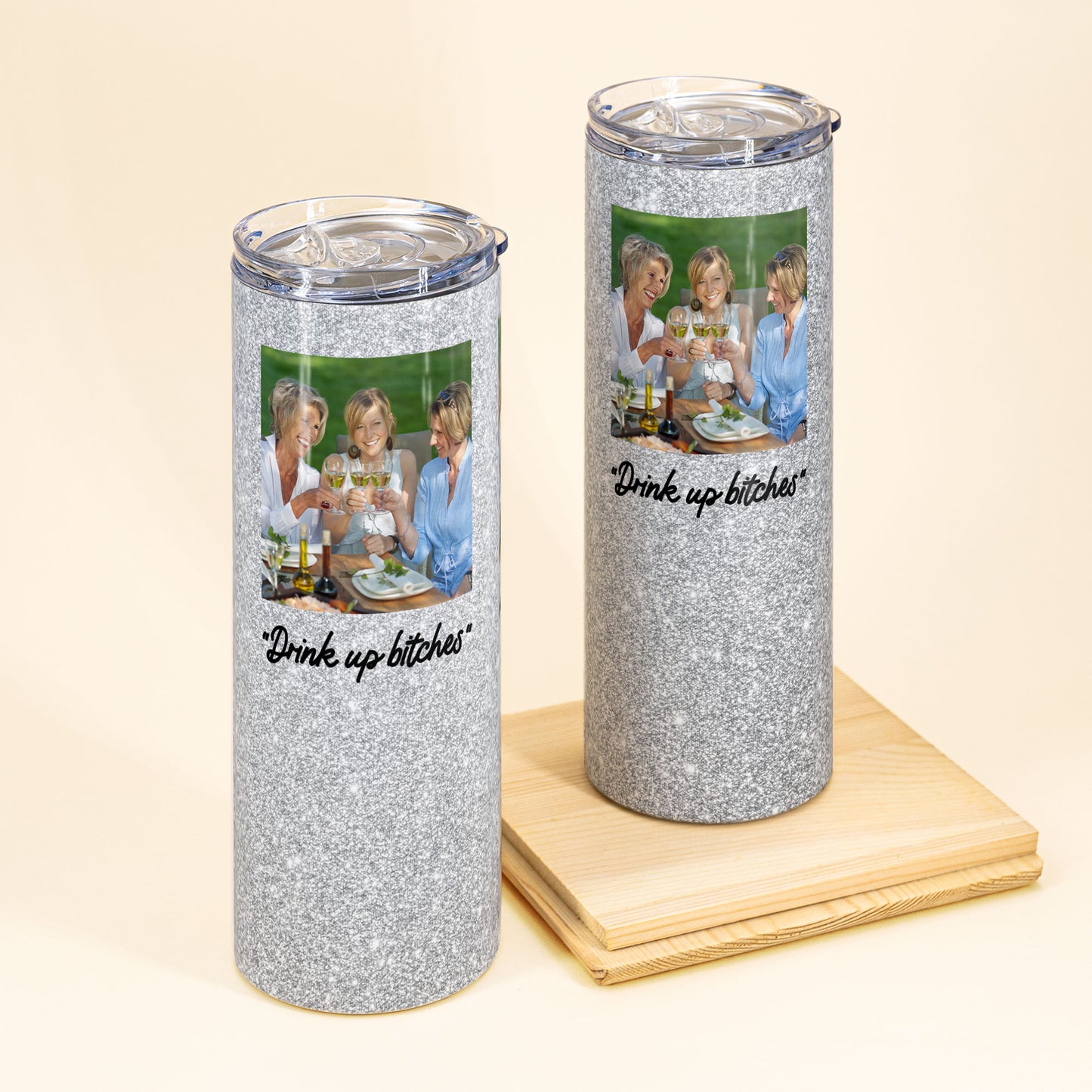 Custom Glitter Tumbler Gift For Sisters - Personalized Photo Skinny Tumbler