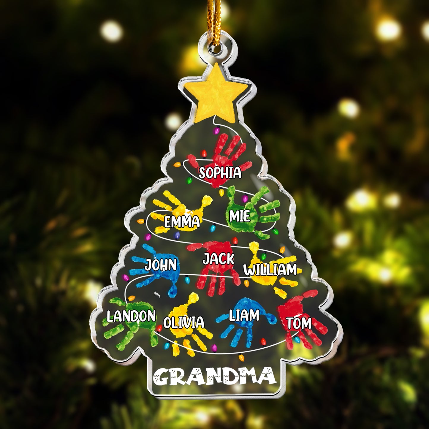 Custom Grandchildren Names Handprint Christmas Tree - Personalized Acrylic Ornament