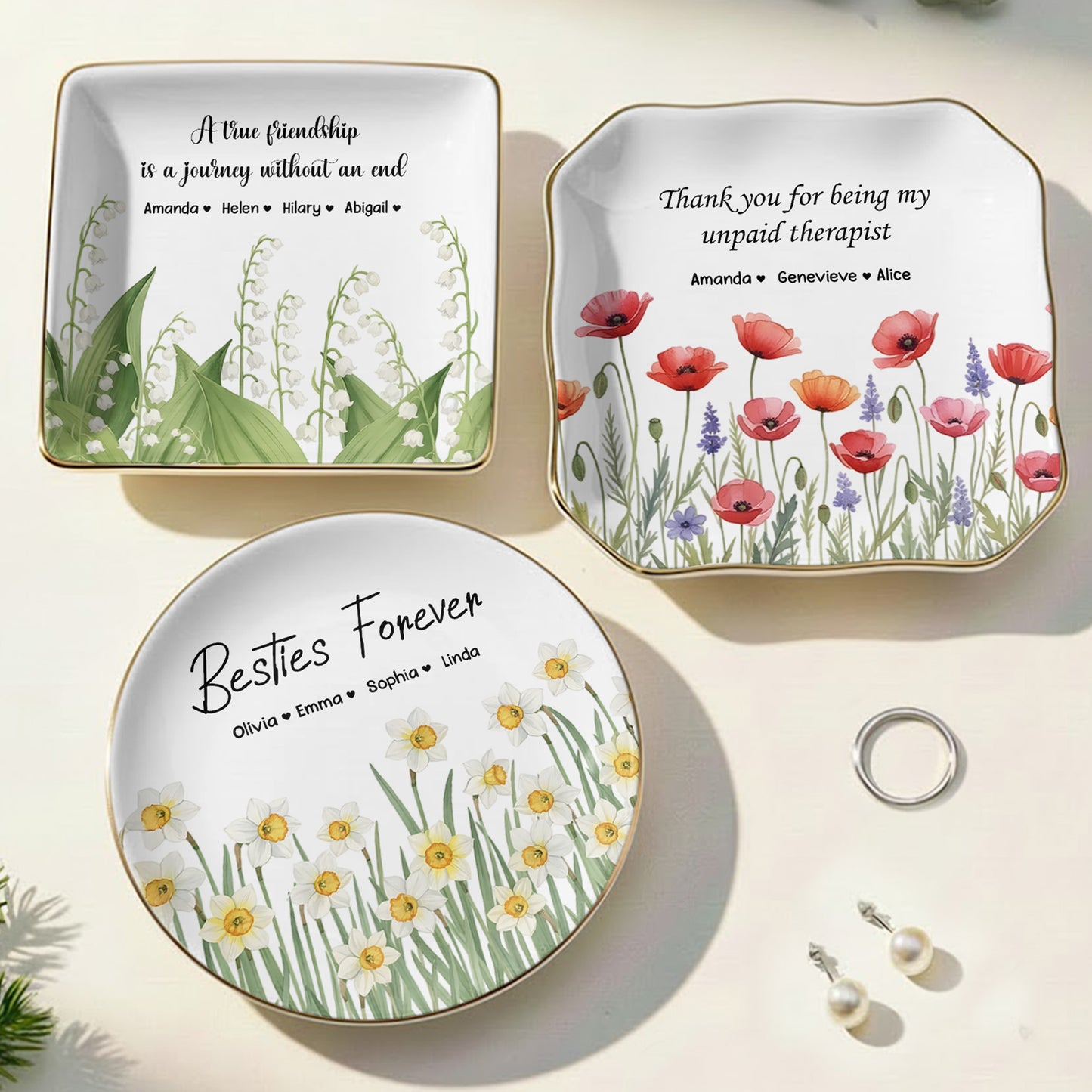 Custom Her Birth Flower & Message, Friendship Thank You Gift For Besties, Sisters - Personalized Jewelry Dish