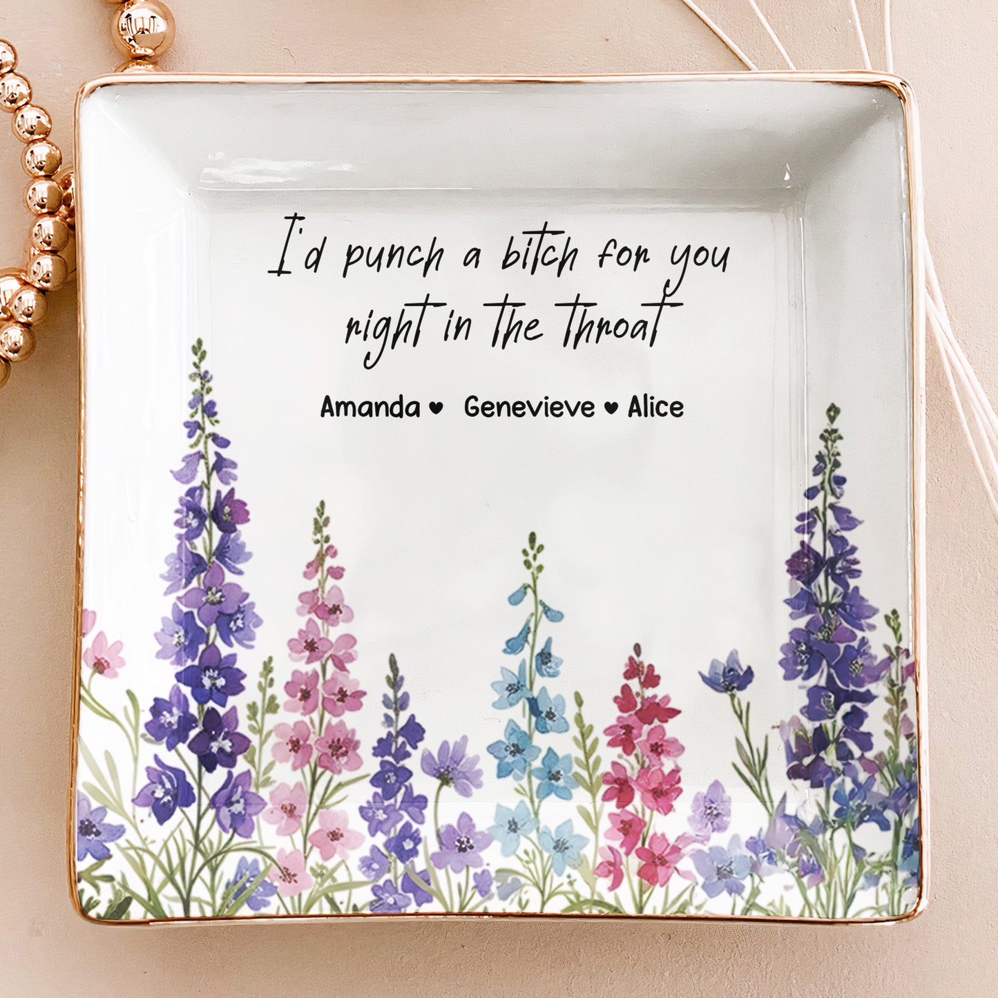 Custom Her Birth Flower & Message, Friendship Thank You Gift For Besties, Sisters - Personalized Jewelry Dish