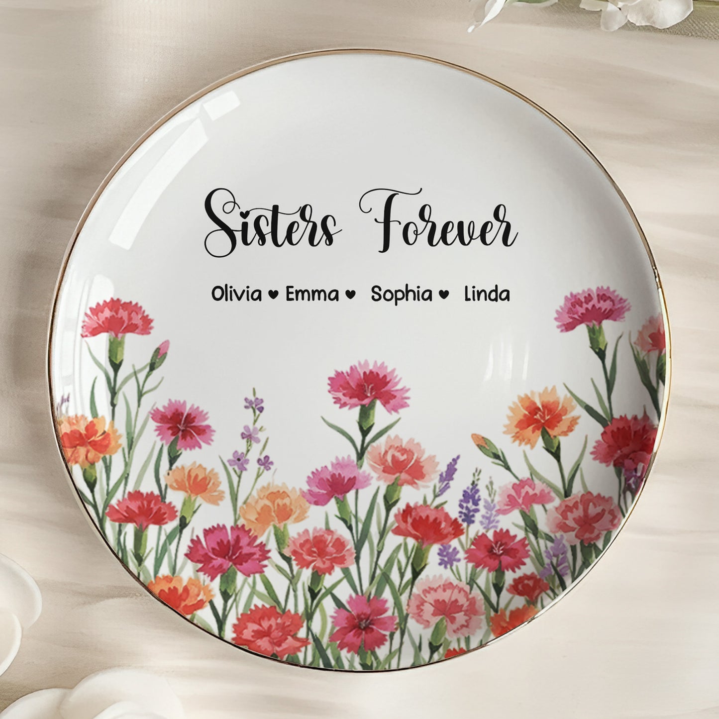Custom Her Birth Flower & Message, Friendship Thank You Gift For Besties, Sisters - Personalized Jewelry Dish