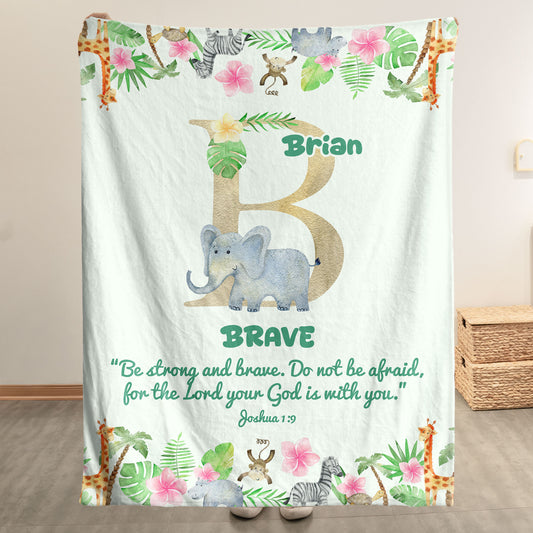 Custom Initial Name With Bible Verse Safari Animal Blanket For Kids - Personalized Blanket