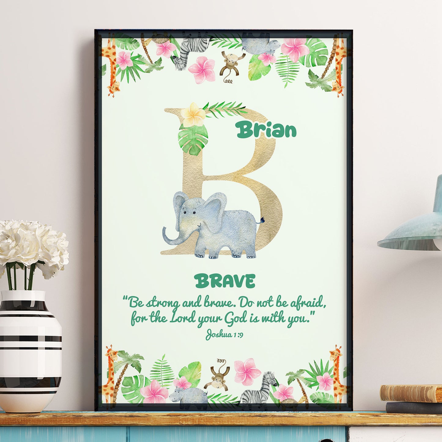 Custom Initial Name With Bible Verse Safari Animal Blanket For Kids - Personalized Poster