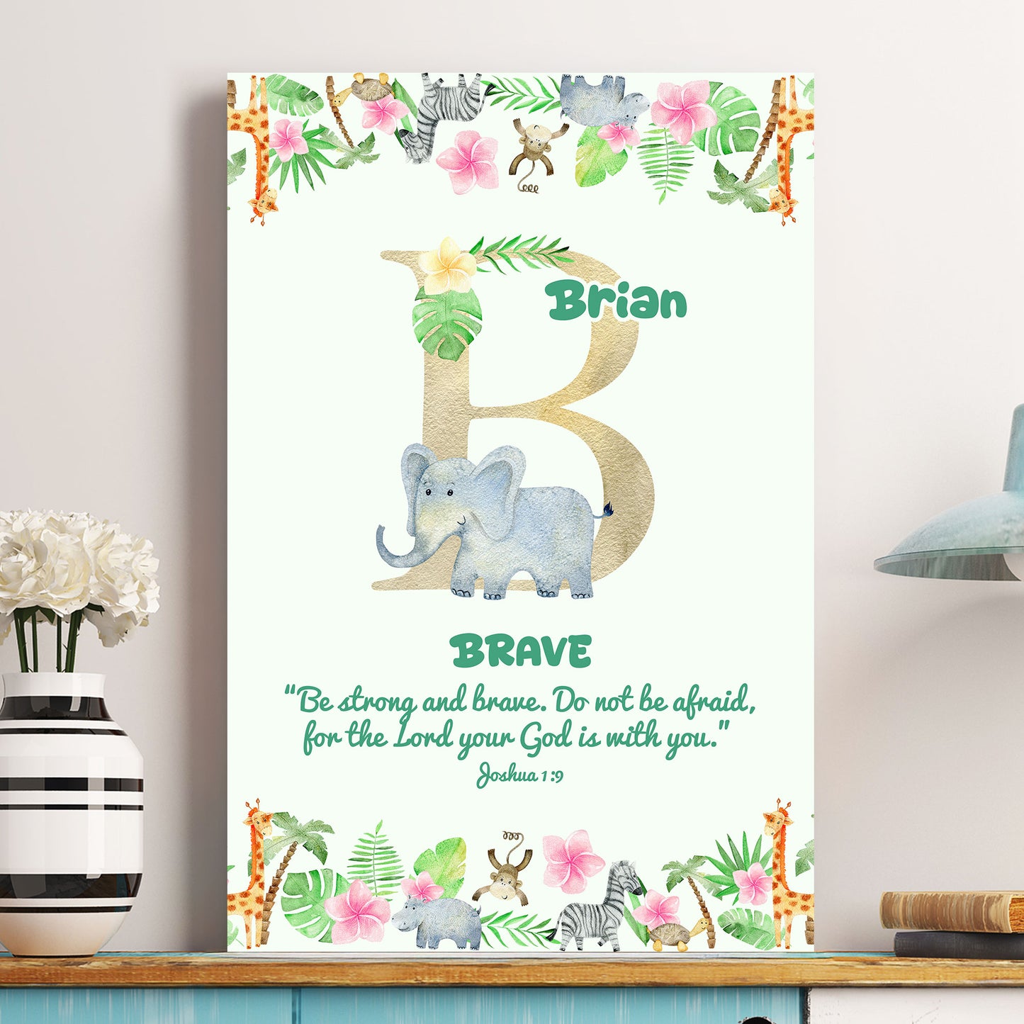Custom Initial Name With Bible Verse Safari Animal Blanket For Kids - Personalized Poster