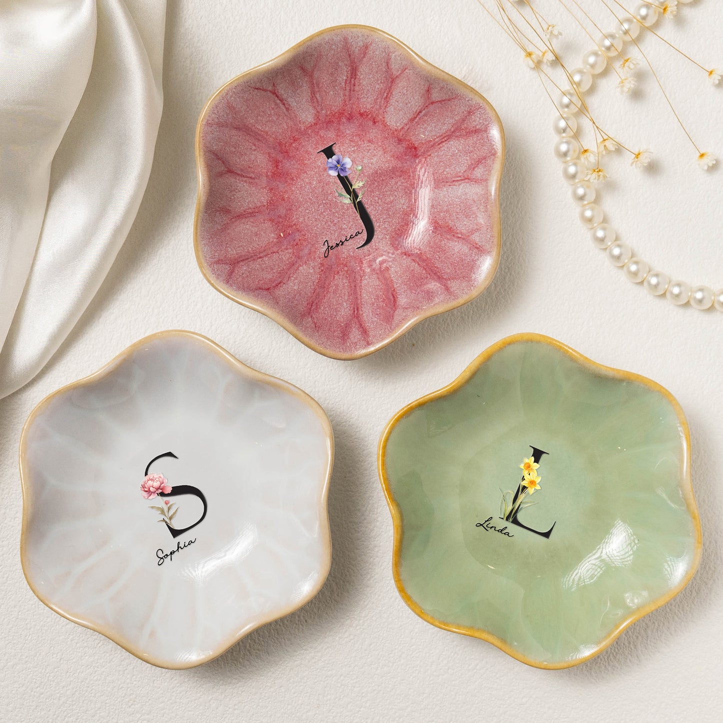 Custom Initial Name & Birth Flowers For Her, Wife, Friends, Sisters, Mom, Daughters - Personalized Jewelry Dish