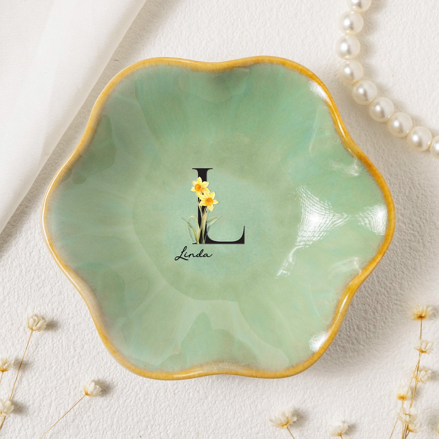 Custom Initial Name & Birth Flowers For Her, Wife, Friends, Sisters, Mom, Daughters - Personalized Jewelry Dish