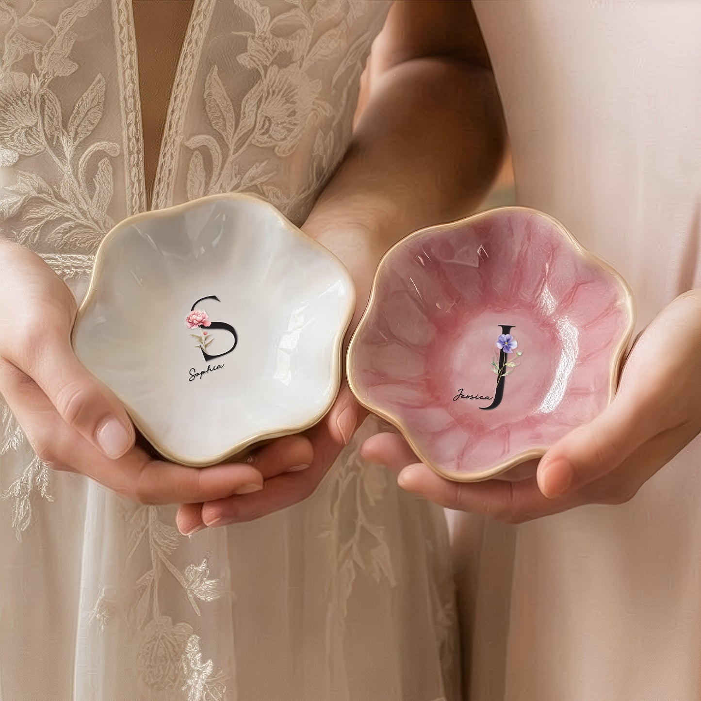 Custom Initial Name & Birth Flowers For Her, Wife, Friends, Sisters, Mom, Daughters - Personalized Jewelry Dish