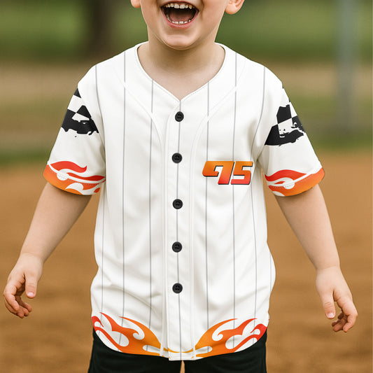 Custom Kid Face Car Racing Flame - Personalized Photo Kids Baseball Jersey