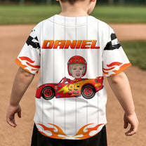 Custom Kid Face Car Racing Flame - Personalized Photo Kids Baseball Jersey