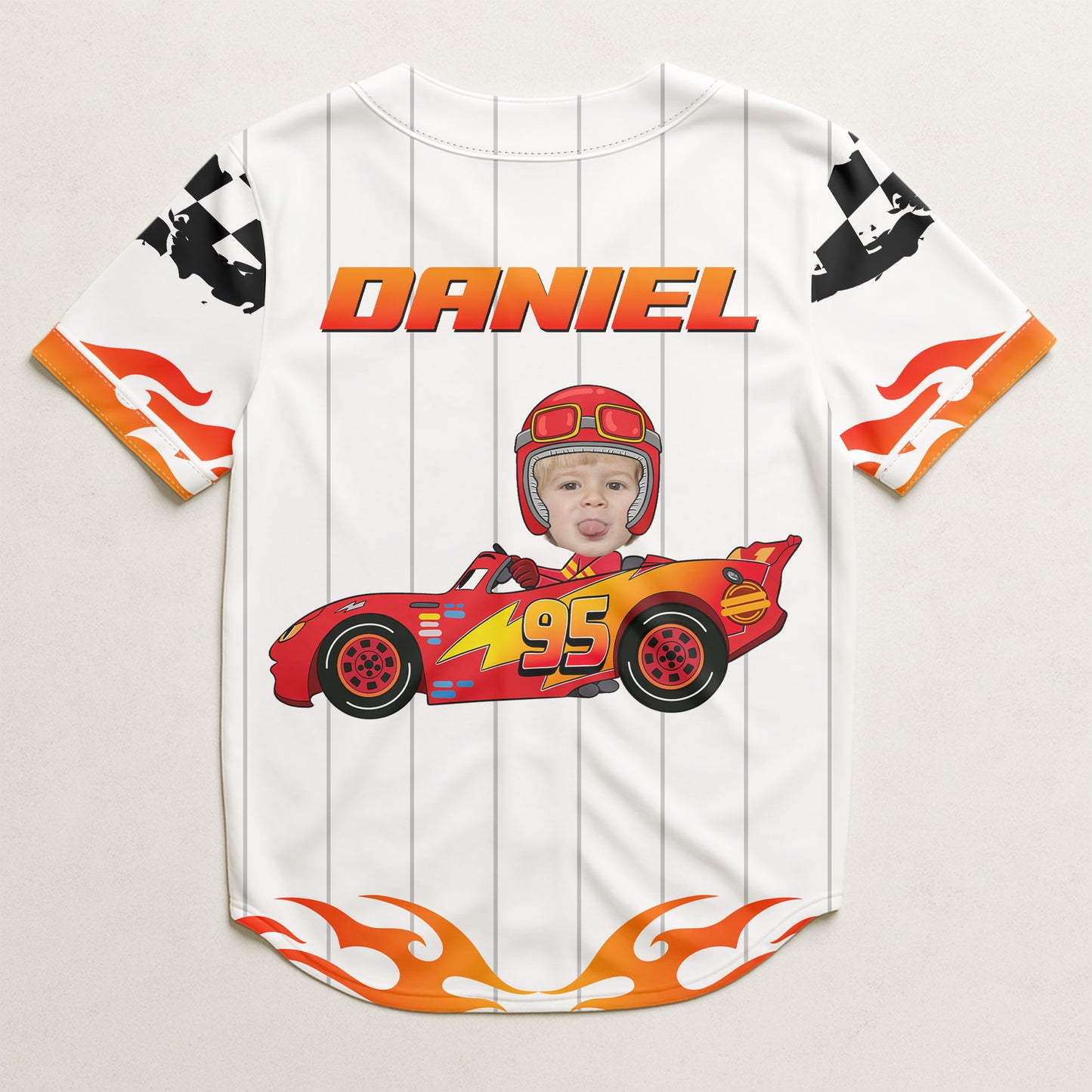 Custom Kid Face Car Racing Flame - Personalized Photo Kids Baseball Jersey