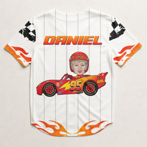 Custom Kid Face Car Racing Flame - Personalized Photo Kids Baseball Jersey