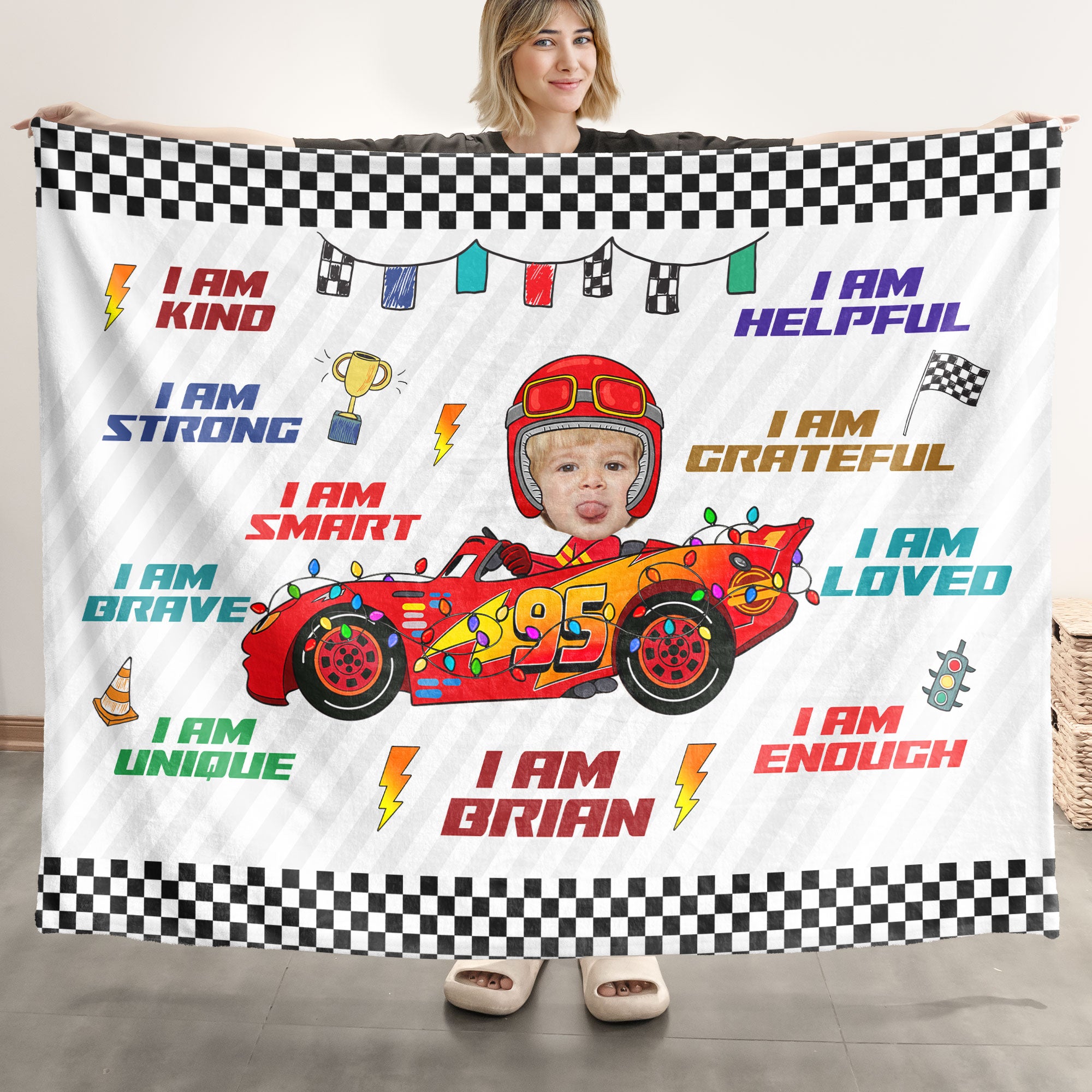 Custom Kid Face Car Toys Affirmation Gift - Personalized Photo Blanket