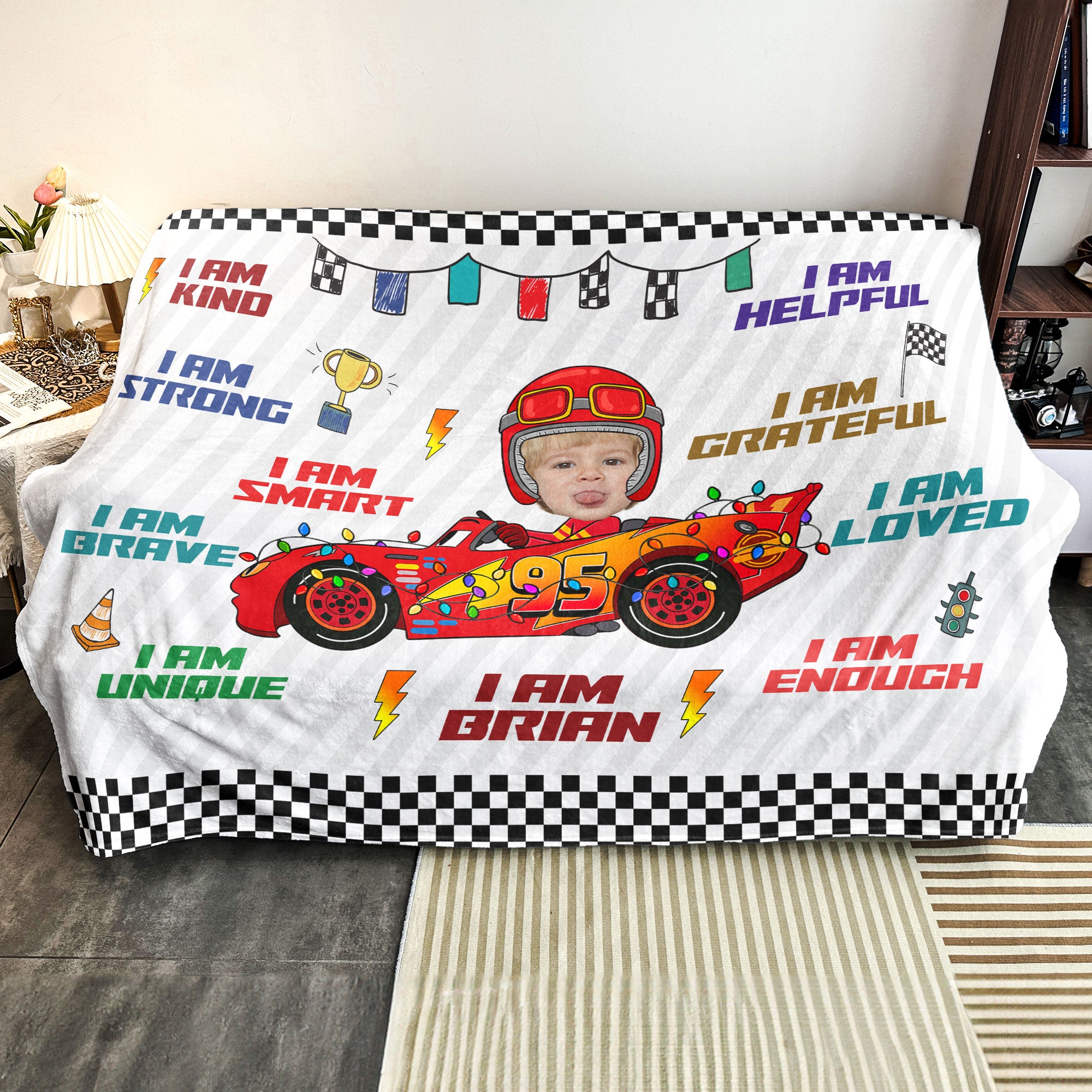 Custom Kid Face Car Toys Affirmation Gift - Personalized Photo Blanket