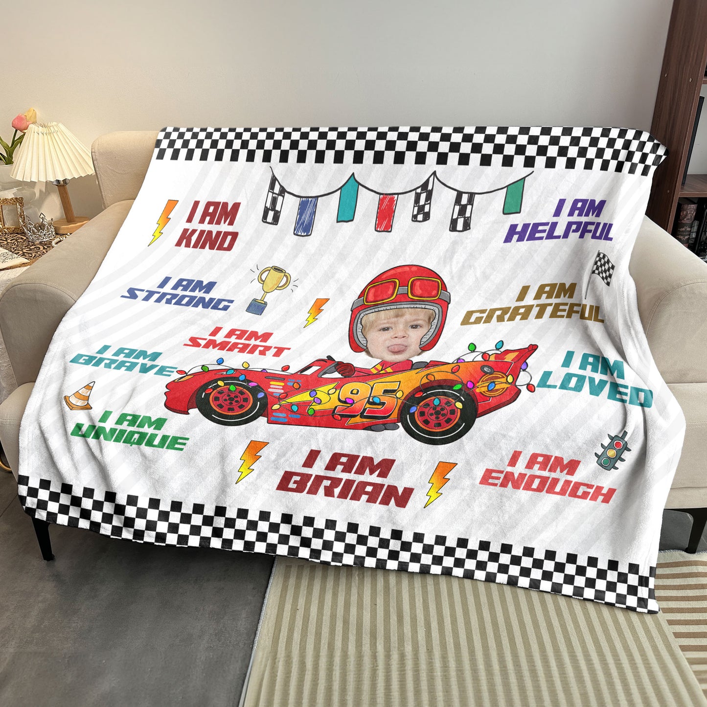 Custom Kid Face Car Toys Affirmation Gift - Personalized Photo Blanket