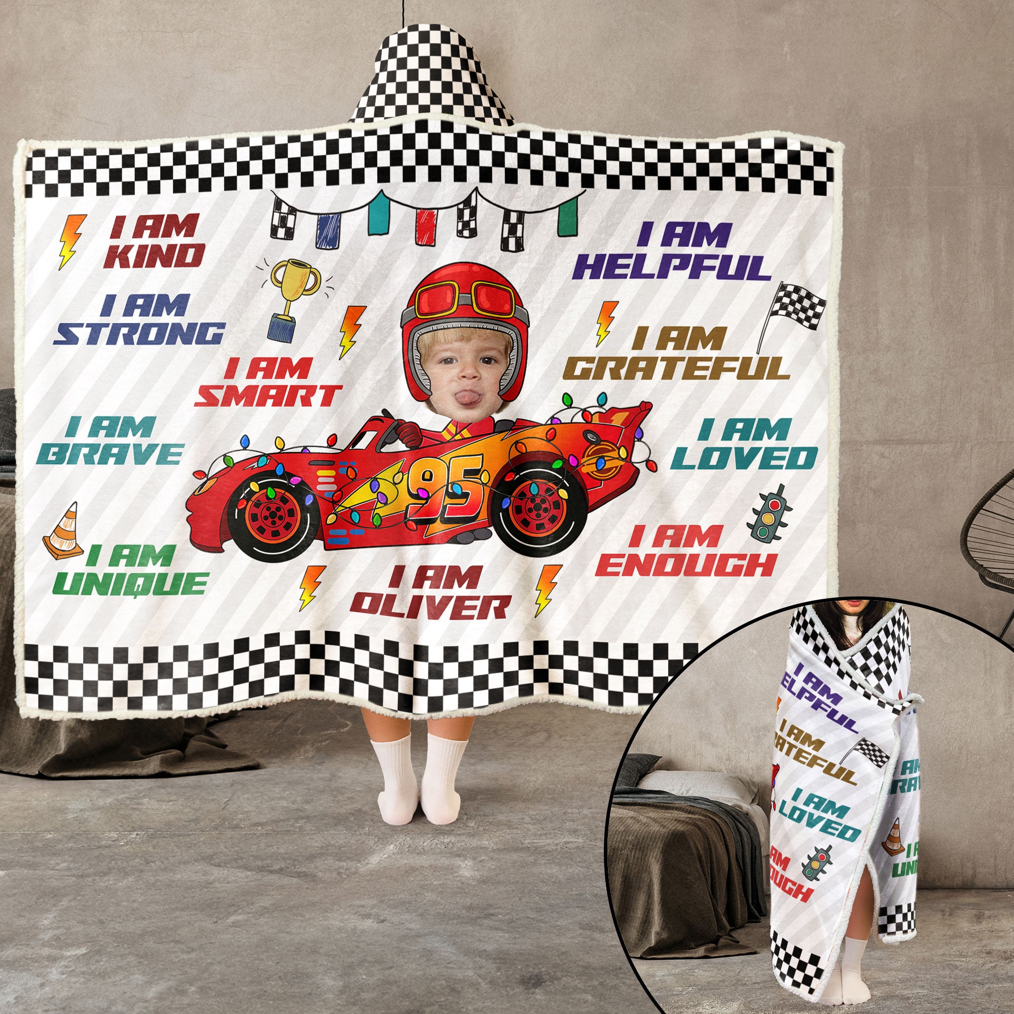 Custom Kid Face Car Toys Affirmation Gift - Personalized Photo Wearable Blanket Hoodie