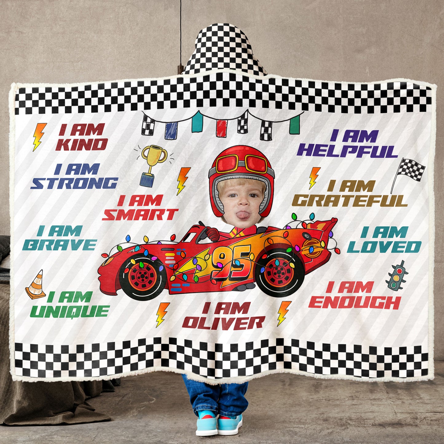 Custom Kid Face Car Toys Affirmation Gift - Personalized Photo Wearable Blanket Hoodie